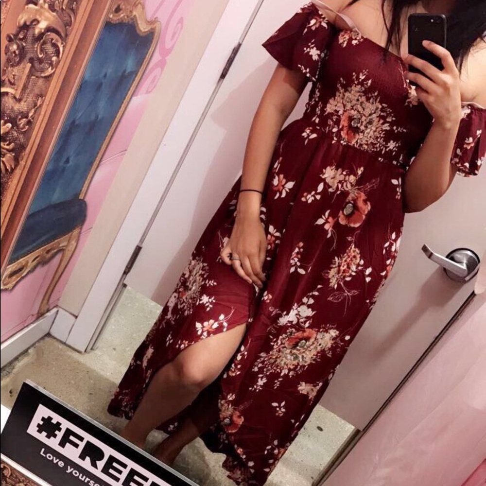 Floral maroon dress.